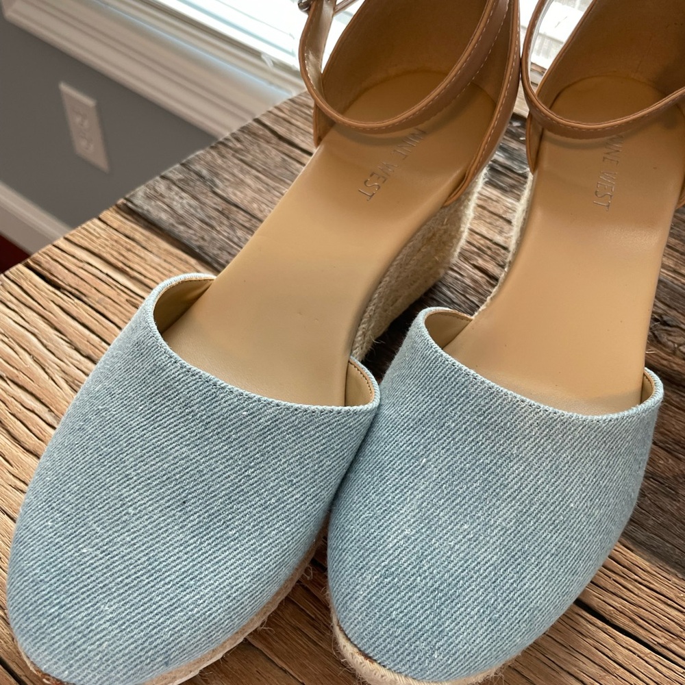 Nine West Light Blue and Tan Wedge Espadrilles - Picture 3 of 5
